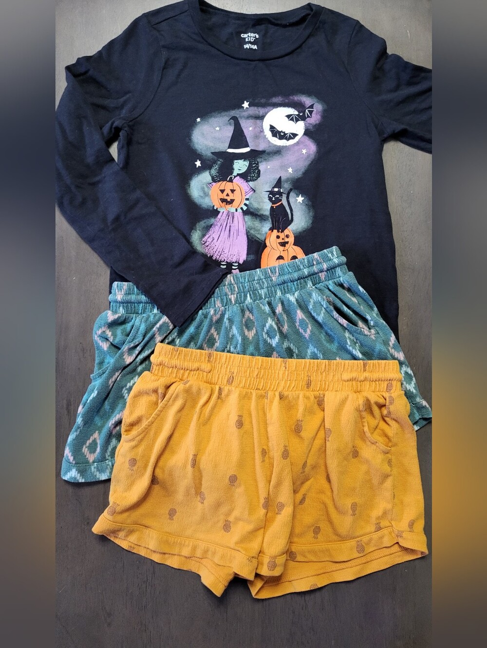 Carter's Black Witch Graphic Top with Teal and Mustard Shorts, 3 Piece Lot